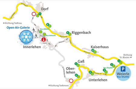 Parkplatz im Gewerbegebiet Bernau-Weierle und Shuttleservice für das Schneeskulpturen-Festival. Die Shuttle-Busse starten in Weierle. Parkplatz im Gewerbegebiet Bernau-Weierle und Shuttleservice für das Schneeskulpturen-Festival. Die Shuttle-Busse starten in Weierle.